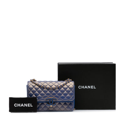 Chanel Medium Quilted Metallic Lambskin CC Chic Double Flap Blue