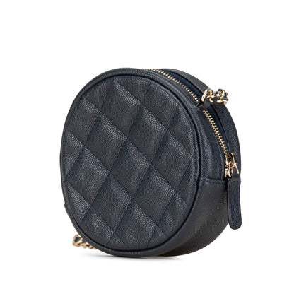 Chanel CC Quilted Caviar Round Clutch With Chain Blue