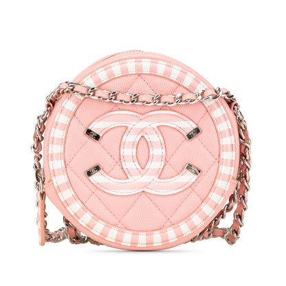 Chanel Caviar Striped CC Filigree Round Crossbody Pink