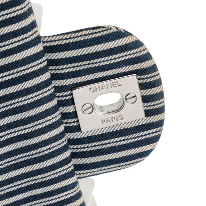 Chanel Medium Classic Canvas Sequin Stripes Double Flap Blue