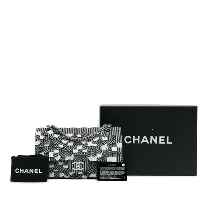 Chanel Medium Classic Canvas Sequin Stripes Double Flap Blue