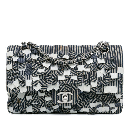 Chanel Medium Classic Canvas Sequin Stripes Double Flap Blue
