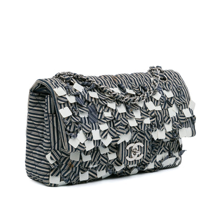Chanel Medium Classic Canvas Sequin Stripes Double Flap Blue