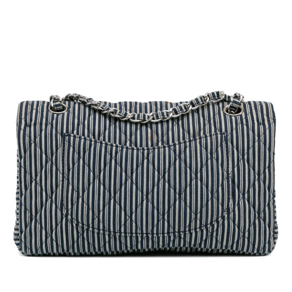 Chanel Medium Classic Canvas Sequin Stripes Double Flap Blue
