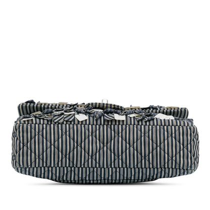 Chanel Medium Classic Canvas Sequin Stripes Double Flap Blue