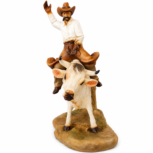 Rustic Cowboy Bull Riding Ceramic Sculpture