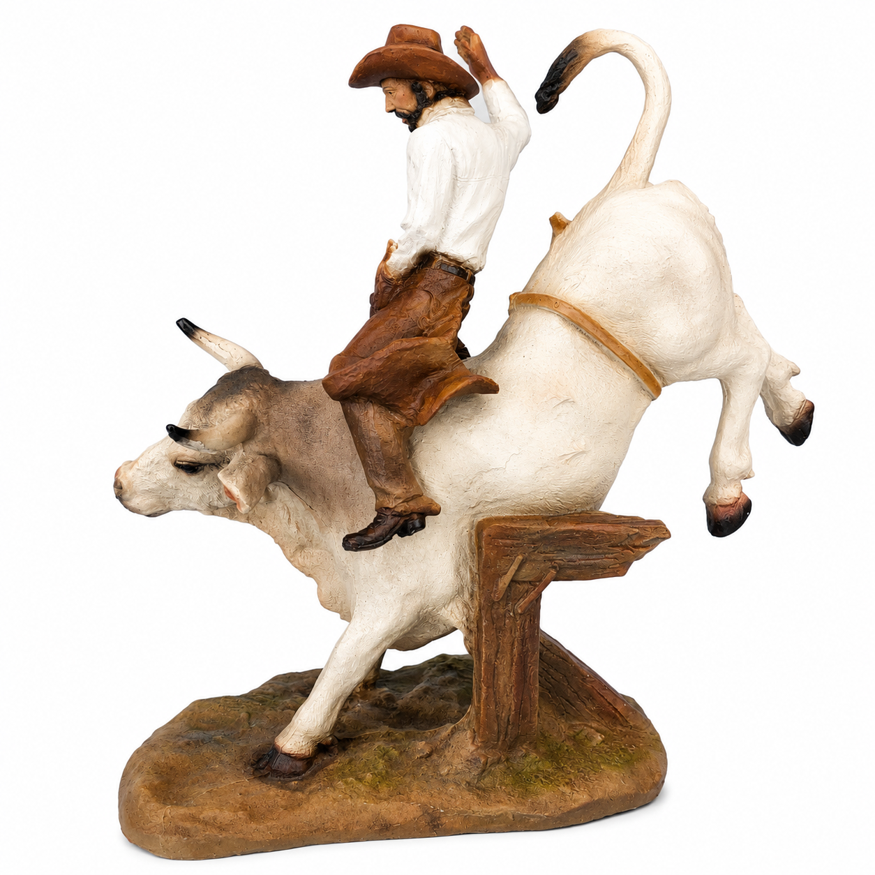 Rustic Cowboy Bull Riding Ceramic Sculpture