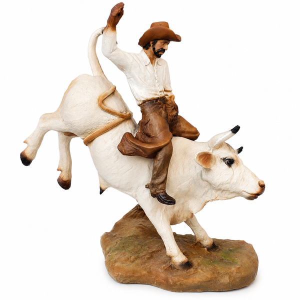 Rustic Cowboy Bull Riding Ceramic Sculpture