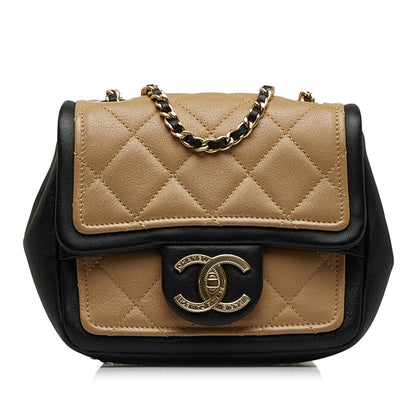 Chanel Mini Square Calfskin Graphic Flap Crossbody Bag Brown