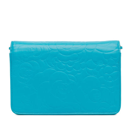 Chanel Lambskin Camellia Embossed Wallet On Chain Blue