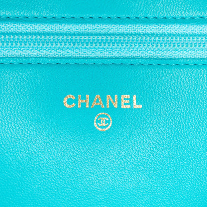Chanel Lambskin Camellia Embossed Wallet On Chain Blue