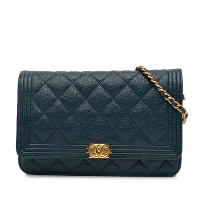 Chanel Quilted Caviar Boy Wallet on Chain Blue