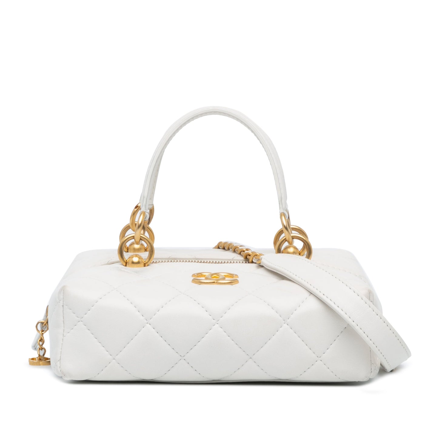 Chanel Métiers d'Art CC Quilted Lambskin Box with Top Handle Bag White