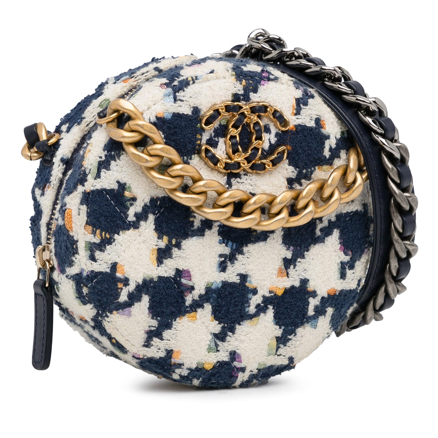 Chanel Tweed 19 Round Clutch with Chain White