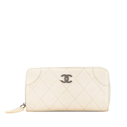 Chanel CC Quilted Caviar Zip Around Long Wallet White