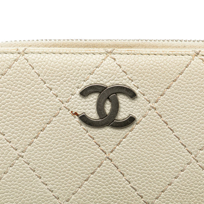 Chanel CC Quilted Caviar Zip Around Long Wallet White