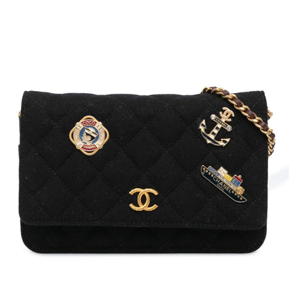 Chanel Paris Hamburg Quilted Wool Charms Wallet On Chain Black