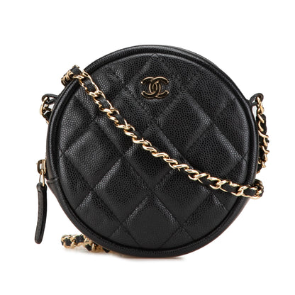 Chanel CC Quilted Caviar Round Clutch With Chain Black