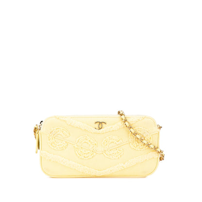 Chanel Denim Coco Fringe Double Zip Clutch with Chain Yellow