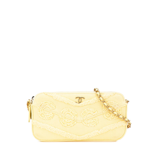Chanel Denim Coco Fringe Double Zip Clutch with Chain Yellow