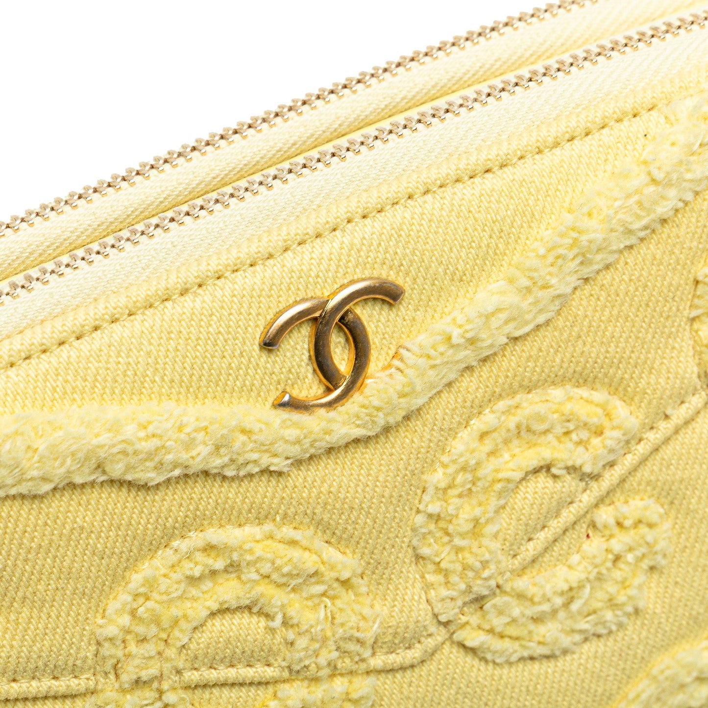 Chanel Denim Coco Fringe Double Zip Clutch with Chain Yellow
