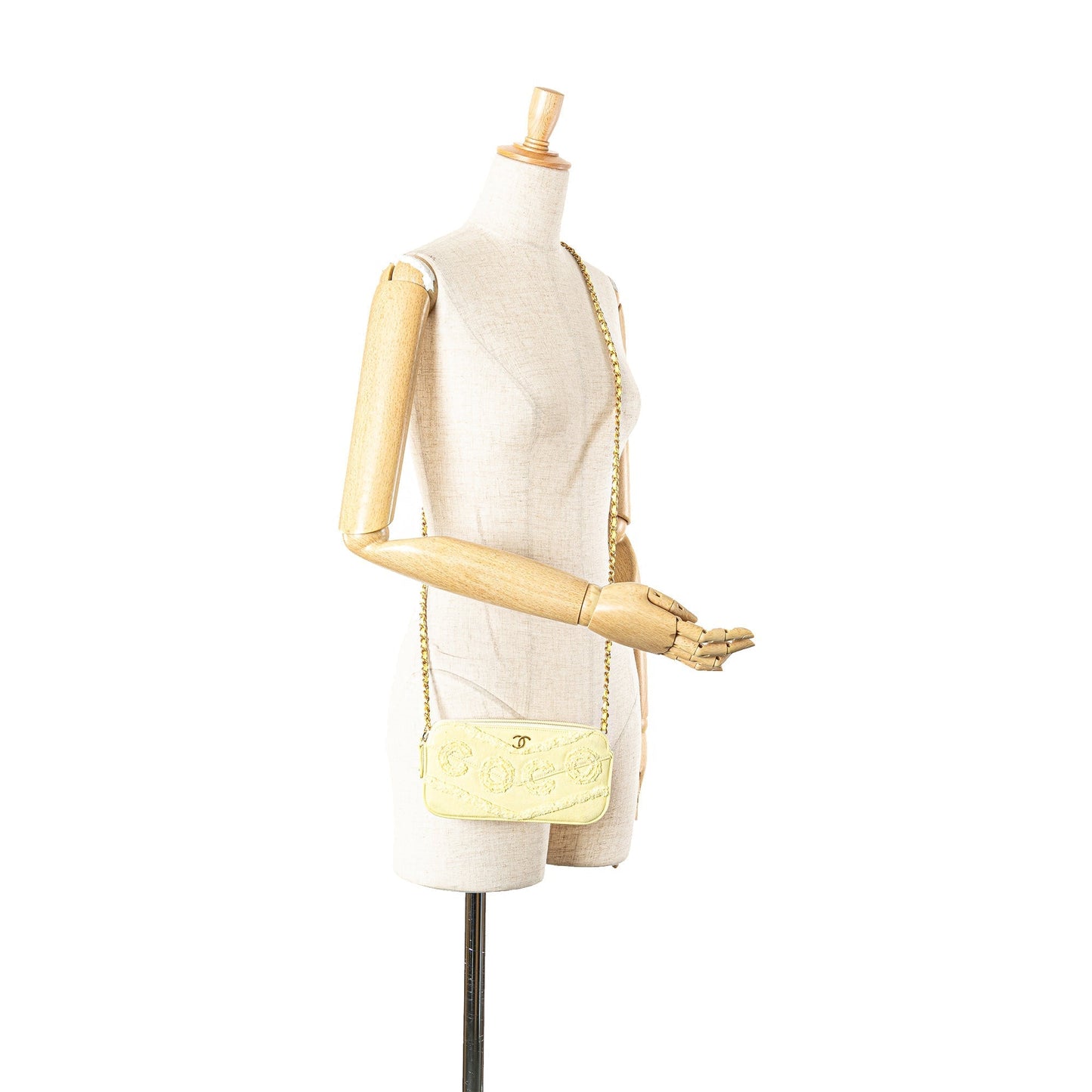 Chanel Denim Coco Fringe Double Zip Clutch with Chain Yellow