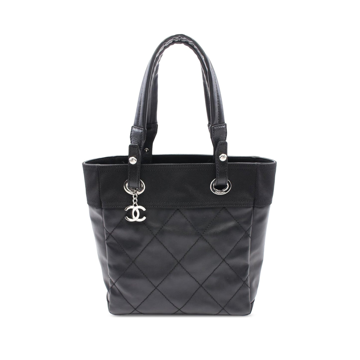Chanel Small Quilted Coated Canvas Paris Biarritz Tote Black