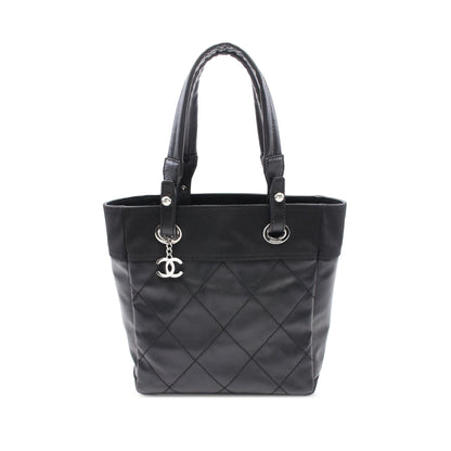 Chanel Small Quilted Coated Canvas Paris Biarritz Tote Black