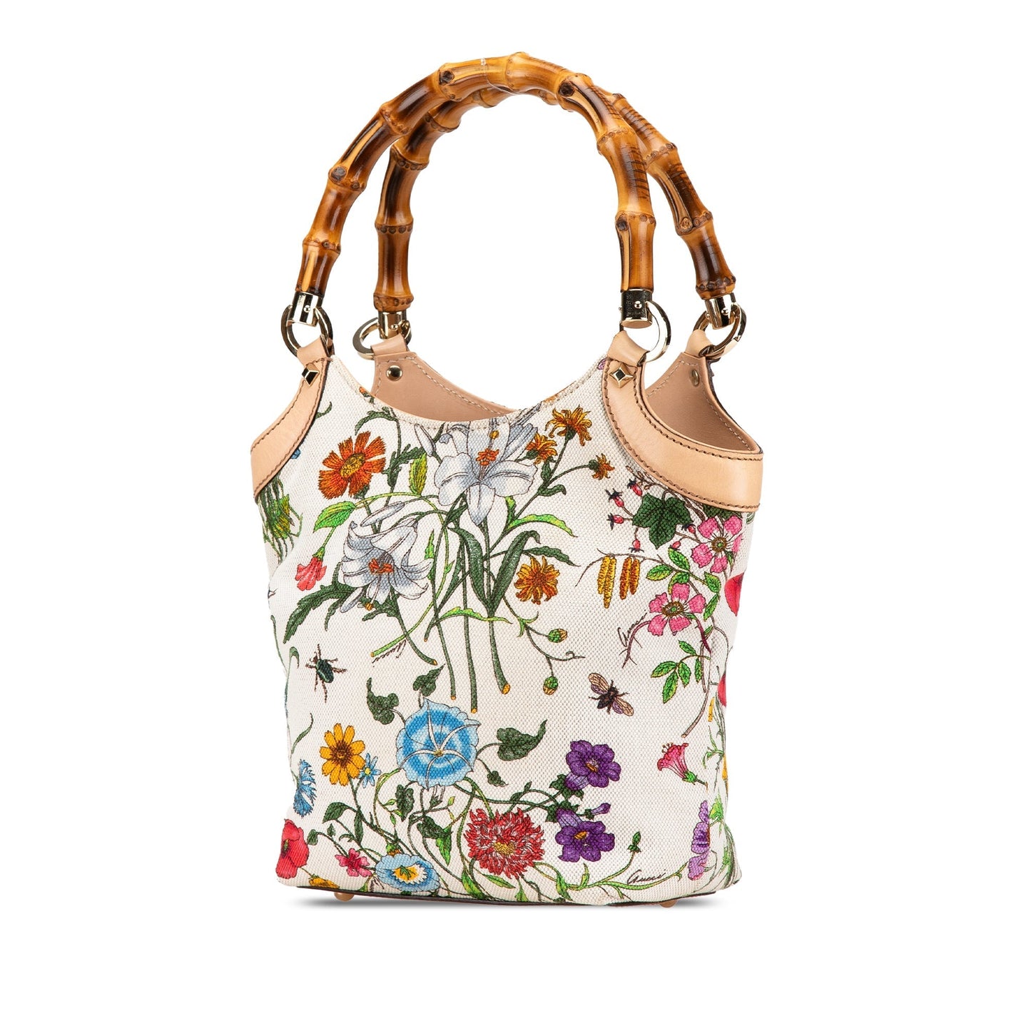 Gucci Canvas Bamboo Flora Handbag White