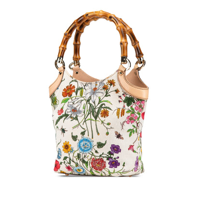 Gucci Canvas Bamboo Flora Handbag White