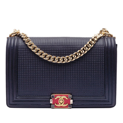 Chanel Large Lambskin Embossed Boy Cube Flap Blue