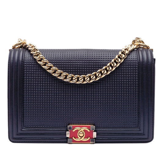 Chanel Large Lambskin Embossed Boy Cube Flap Blue
