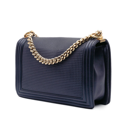 Chanel Large Lambskin Embossed Boy Cube Flap Blue