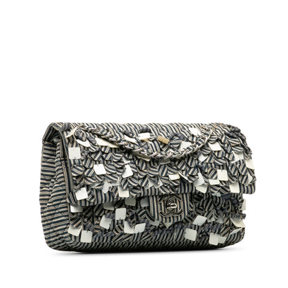 Chanel Medium Cotton Striped Double Flap Blue