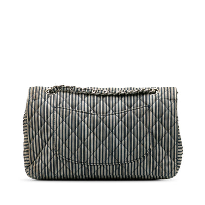 Chanel Medium Cotton Striped Double Flap Blue