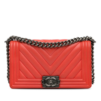 Chanel Old Medium Chevron Calfskin Boy Flap Red