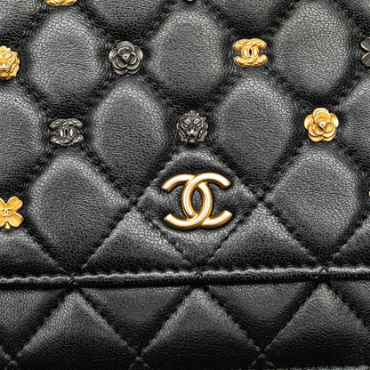 Chanel Quilted Studded Lambskin 18K Lucky Charms Wallet On Chain Black