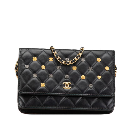 Chanel Quilted Studded Lambskin 18K Lucky Charms Wallet On Chain Black