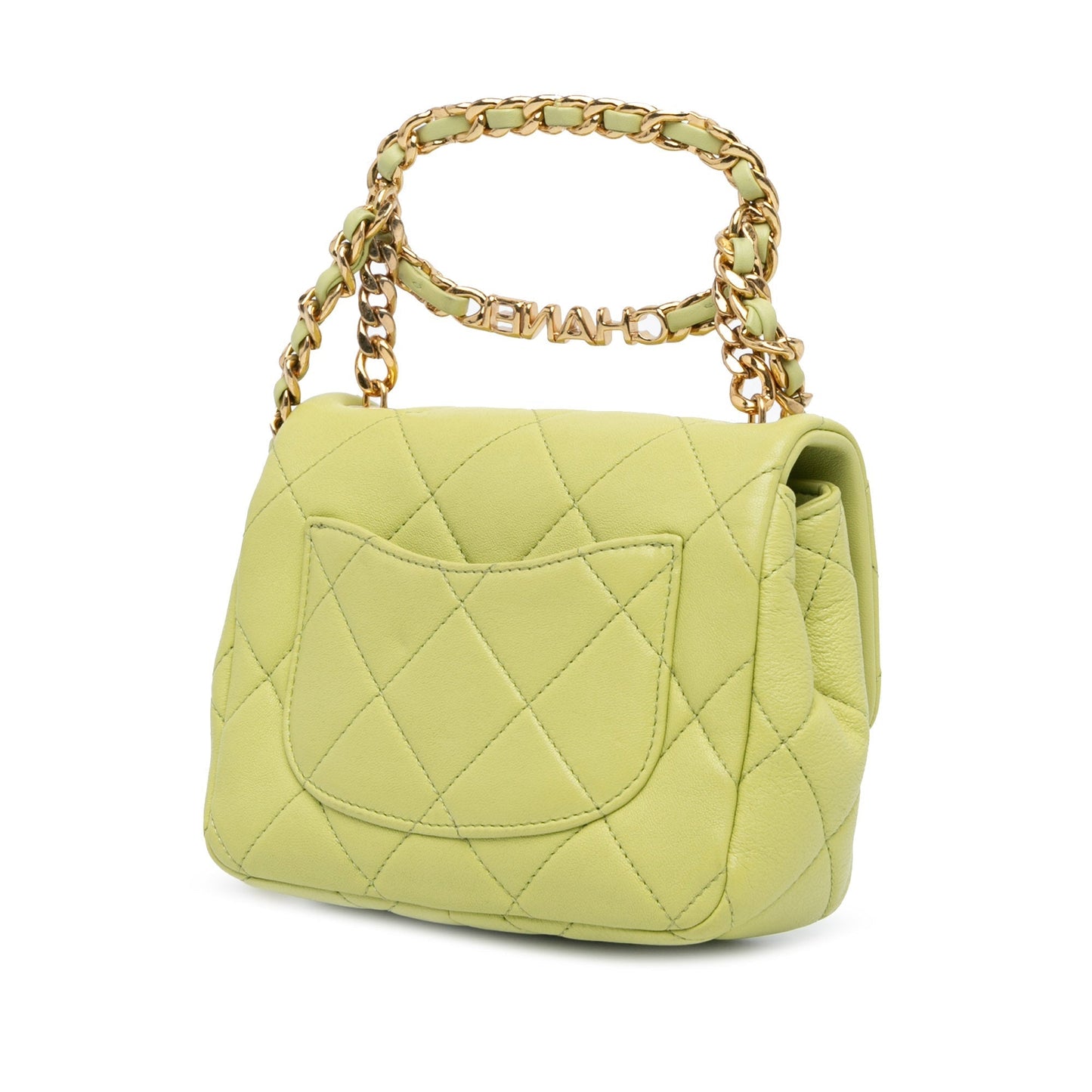 Chanel Mini Quilted Lambskin Oval Logo Chain Top Handle Flap Green
