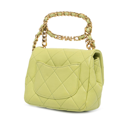 Chanel Mini Quilted Lambskin Oval Logo Chain Top Handle Flap Green