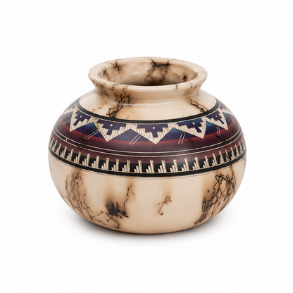 Decorative pot with geometric patterns on a white background