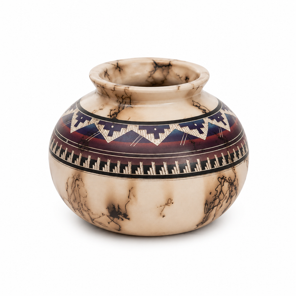 Decorative pot with geometric patterns on a white background