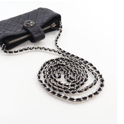 Chanel Mini Quilted Lambskin Beaded Phone Holder With Chain Black