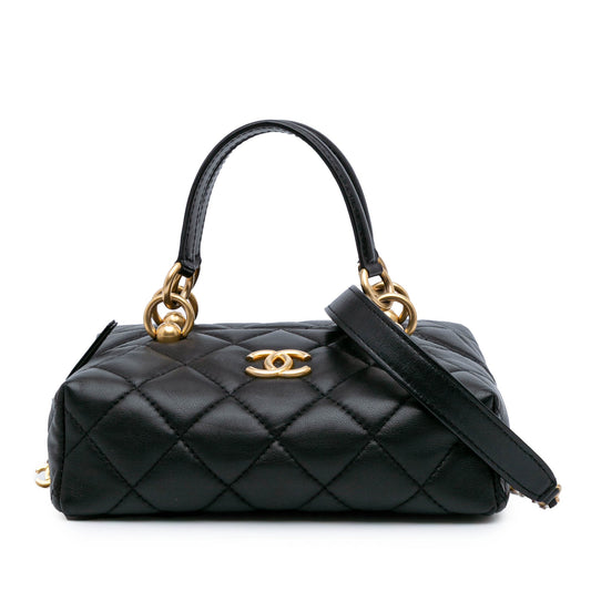 Chanel Métiers d'Art CC Quilted Lambskin Box Top Handle Satchel Black