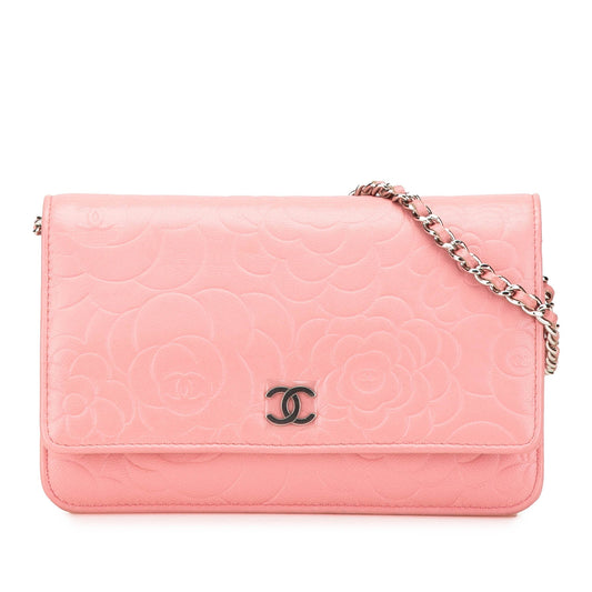 Chanel Embossed Lambskin Camellia Wallet On Chain Pink