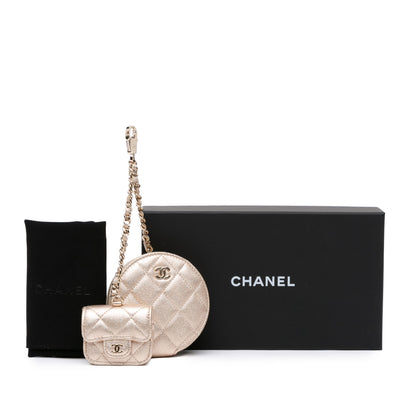 Chanel Metallic Lambskin Round Coin Purse and AirPods Case Gold