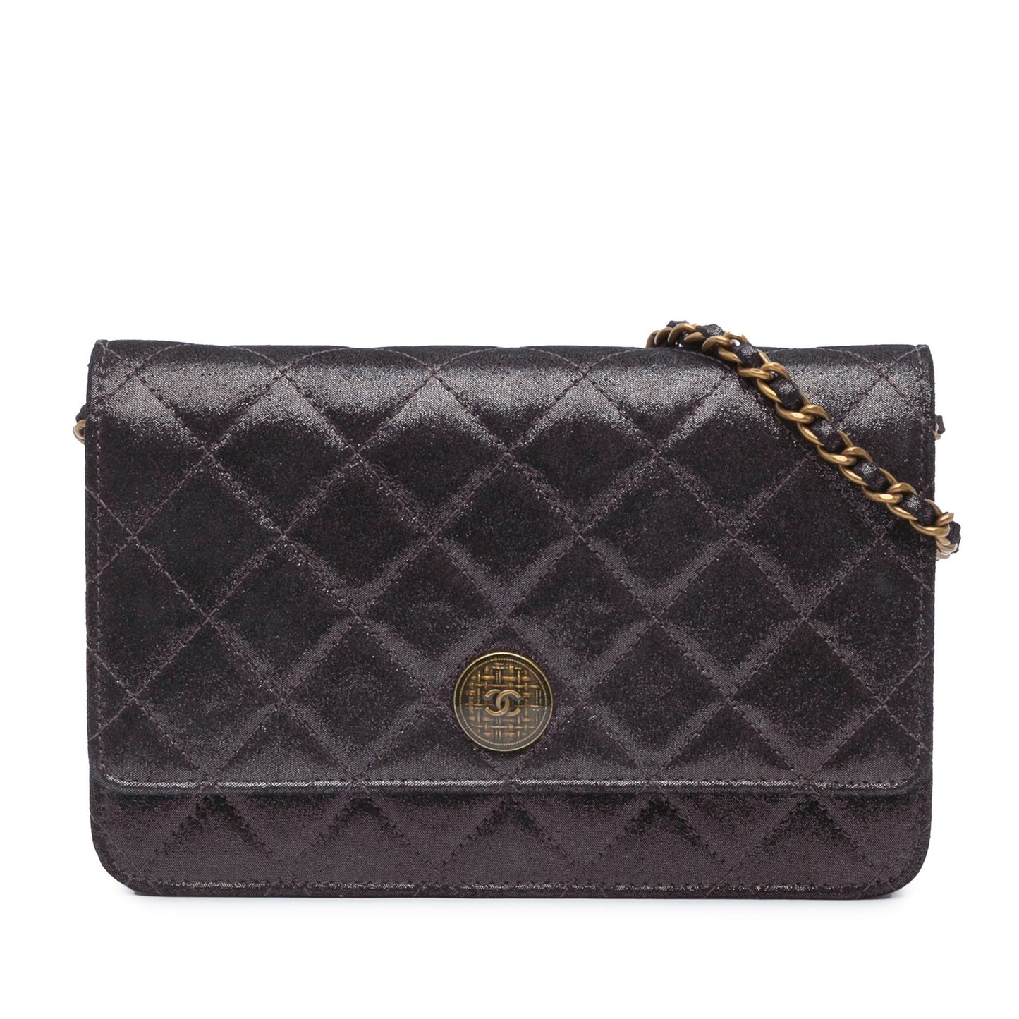 Chanel Metiers d’Art Quilted Iridescent Lambskin Tartan Button Wallet On Chain Brown