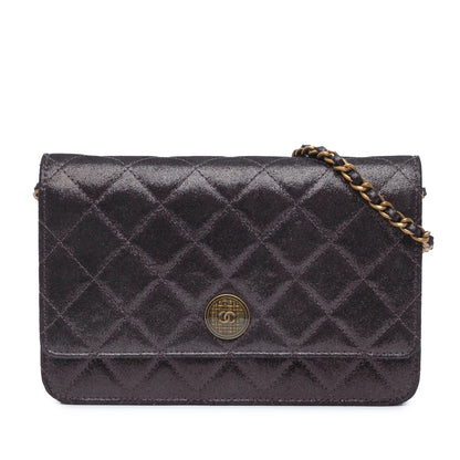 Chanel Metiers d’Art Quilted Iridescent Lambskin Tartan Button Wallet On Chain Brown