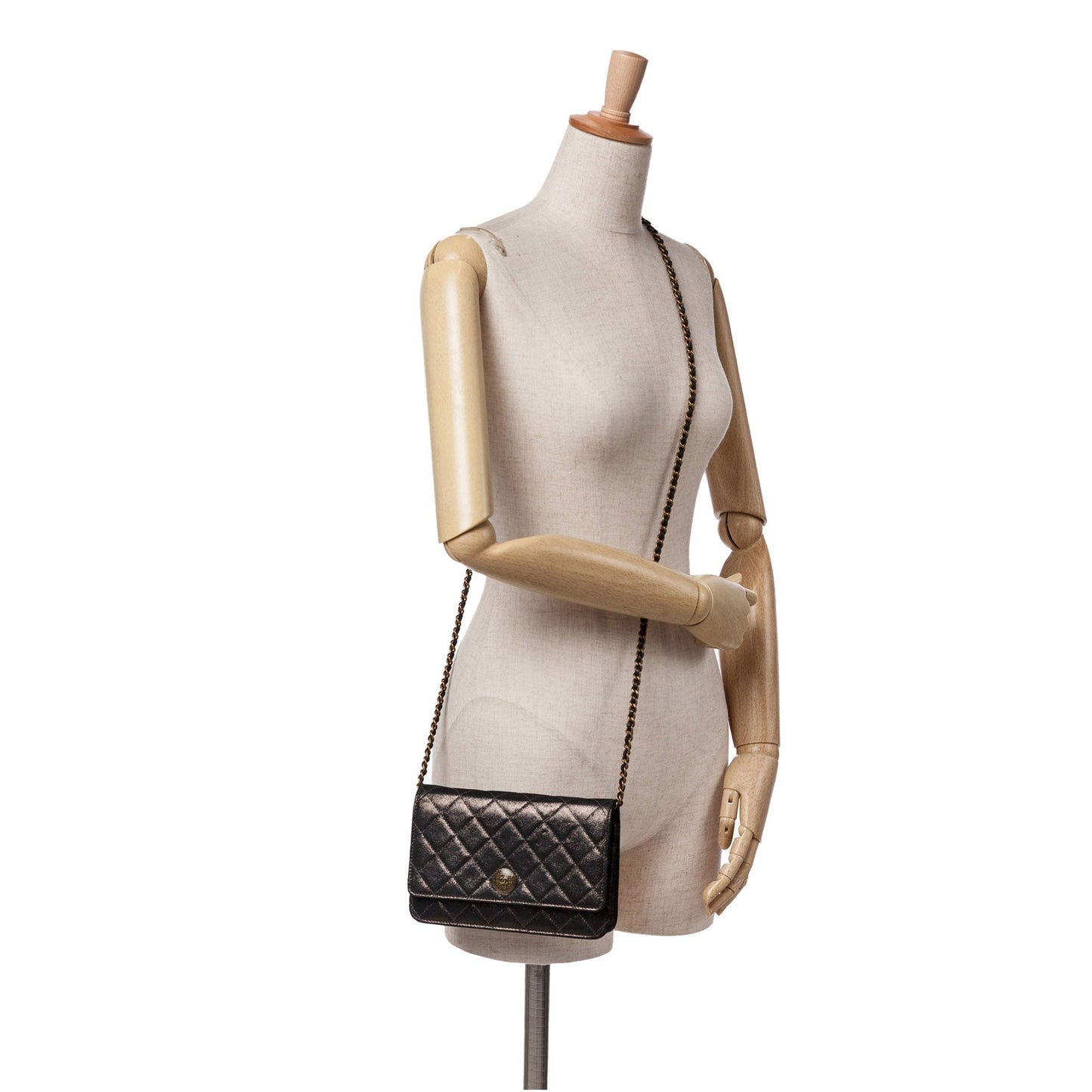 Chanel Metiers d’Art Quilted Iridescent Lambskin Tartan Button Wallet On Chain Brown