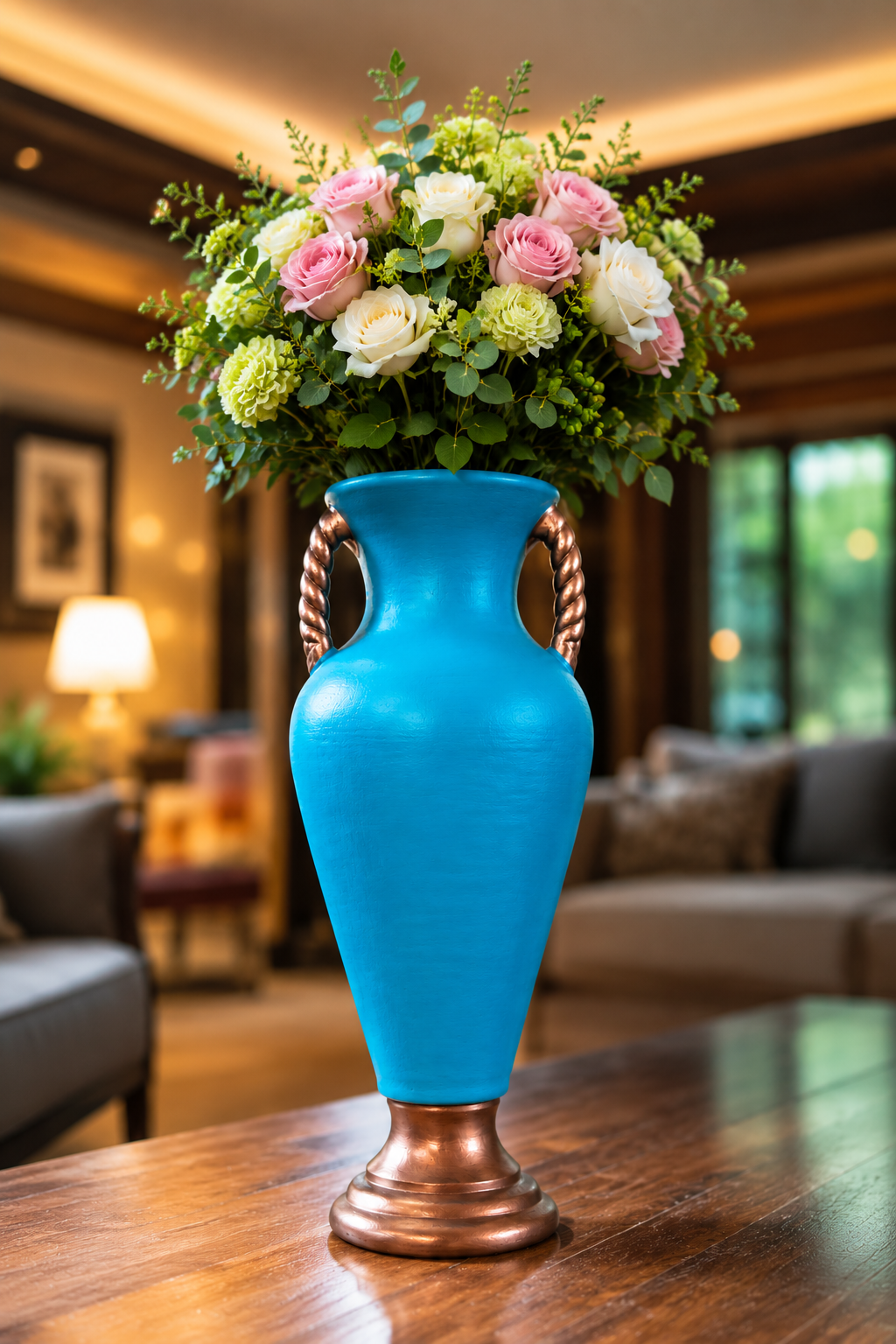 Large Turquoise Floor Vase with Twisted Handles – Decorative Ceramic Flower Vase